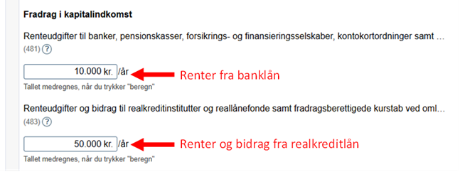 Skærmprint fra forskudsopgørelsen der viser hvor renter fra hhv. bank- og realkreditlån skal indberettes