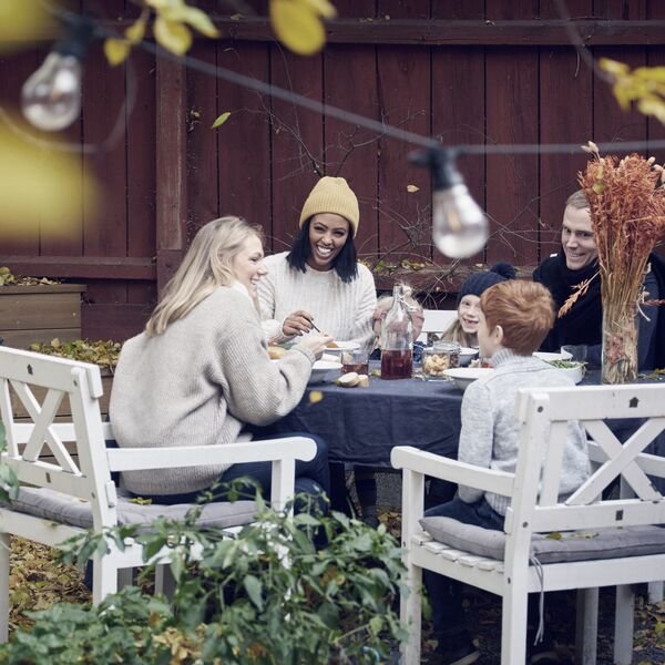 Illustrativt billede af en familiefrokost foran et rødt sommerhus